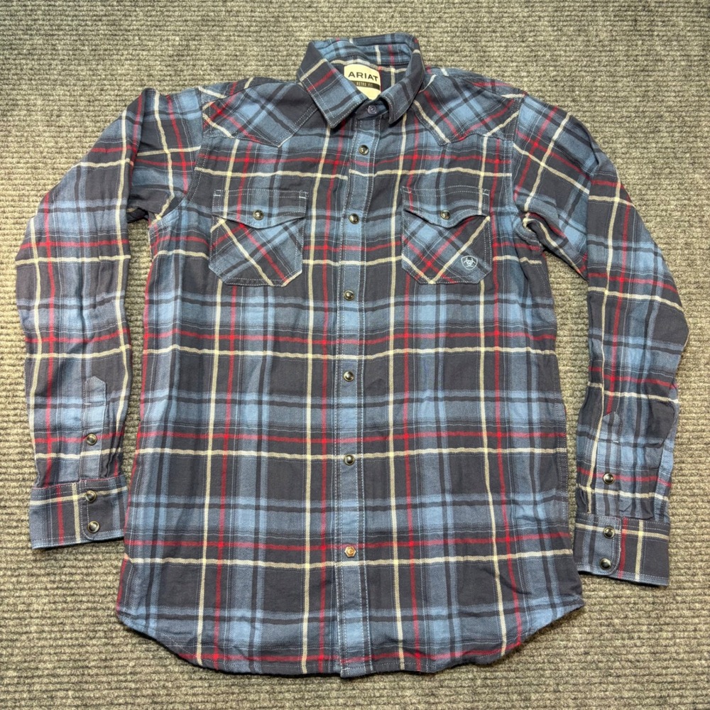 Ariat Boys Retro Fit Blue Red Plaid Western Snap Long Sleeve Shirt Size XL 18